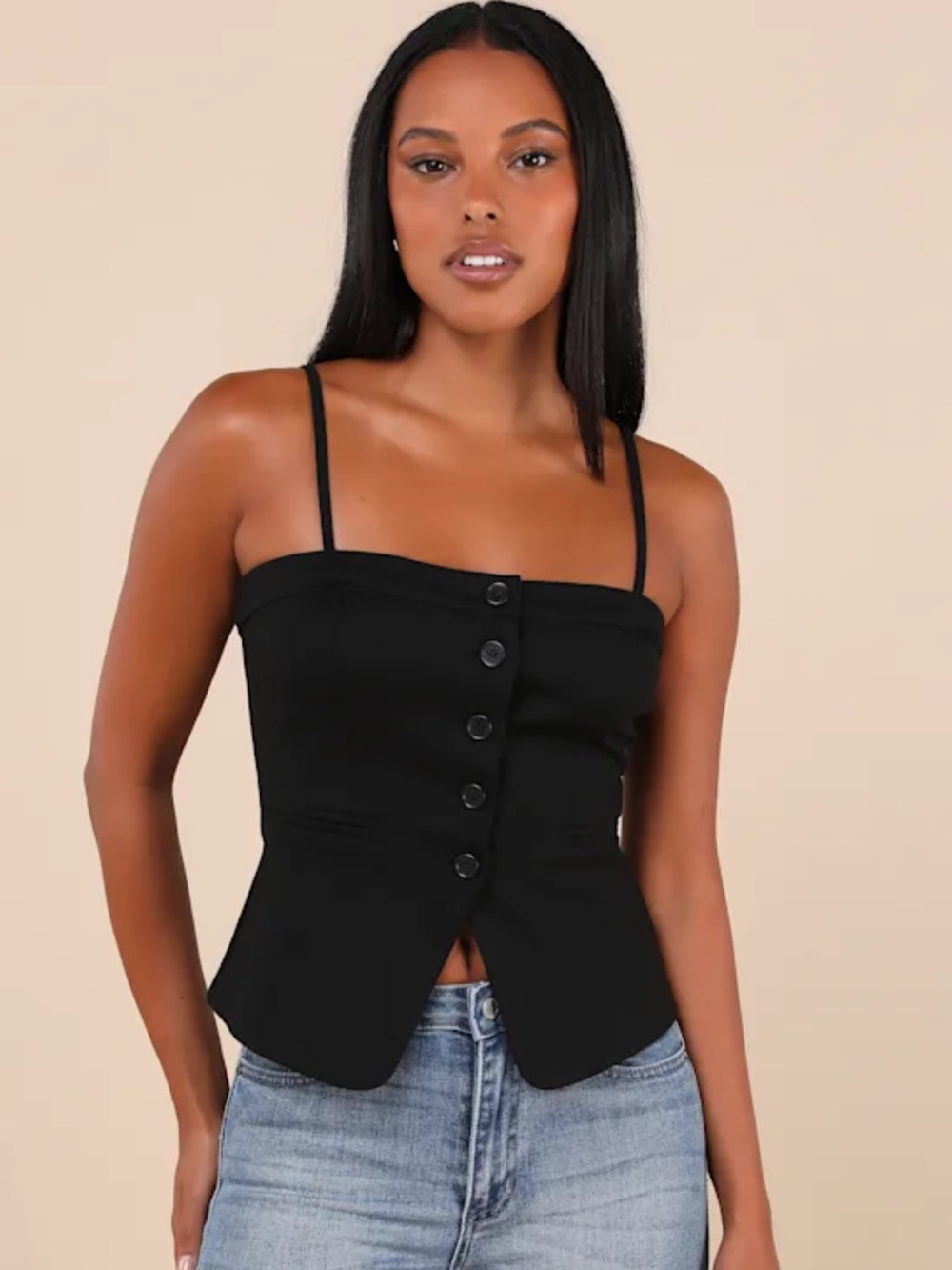 Lulus Black Button-Front Spaghetti Strap Top
